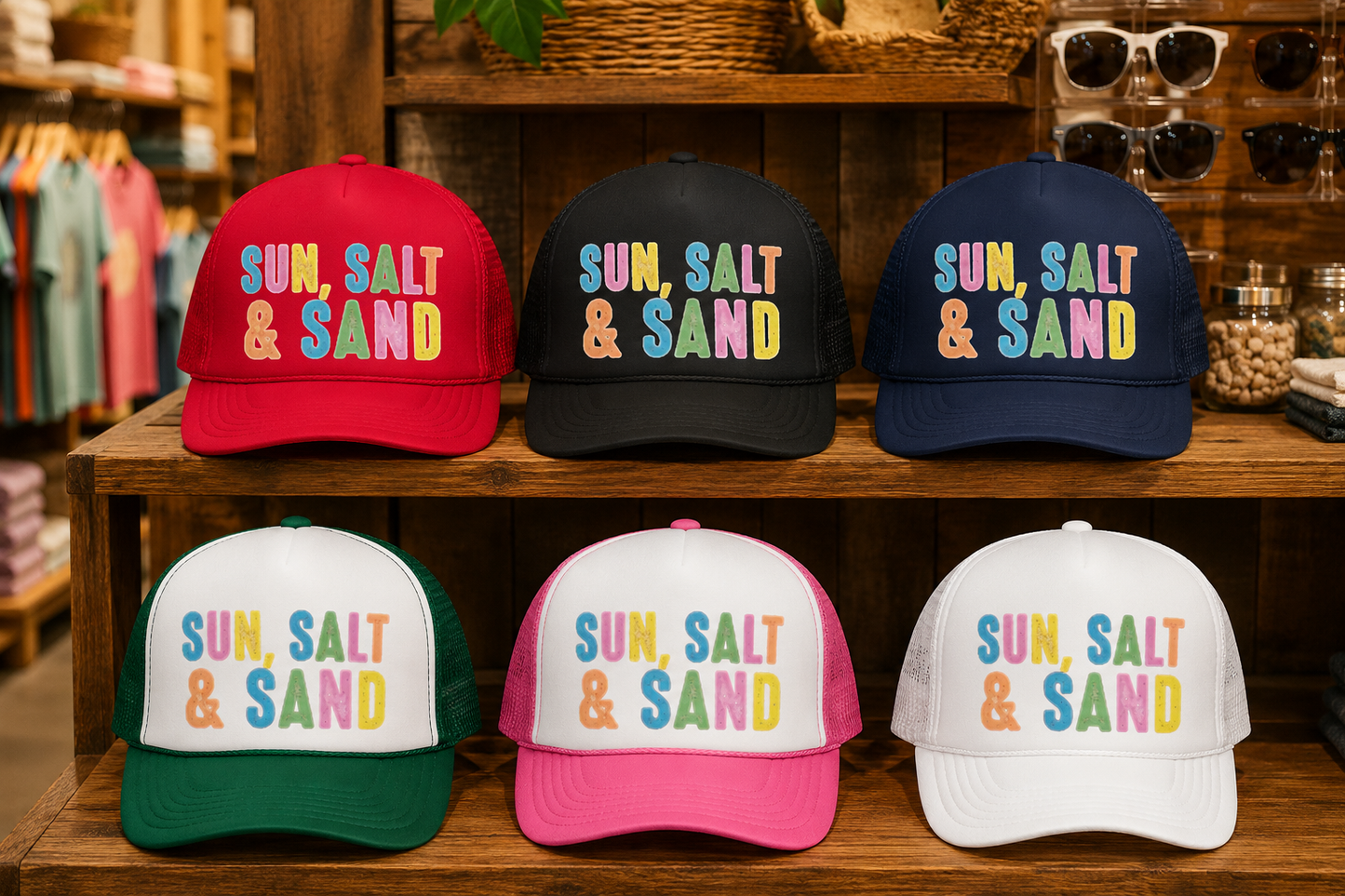 Sun, Salt & Sand Trucker Hat — Colorful Beach Foam Cap