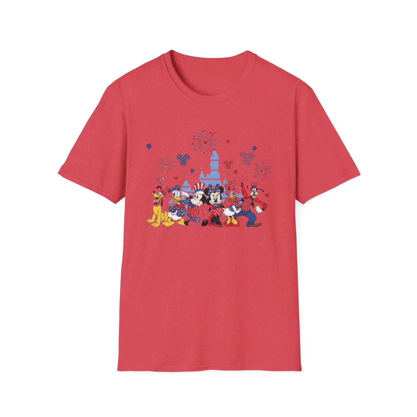 Patriotic Theme Park Characters Castle T-Shirt — Fireworks Celebration Tee