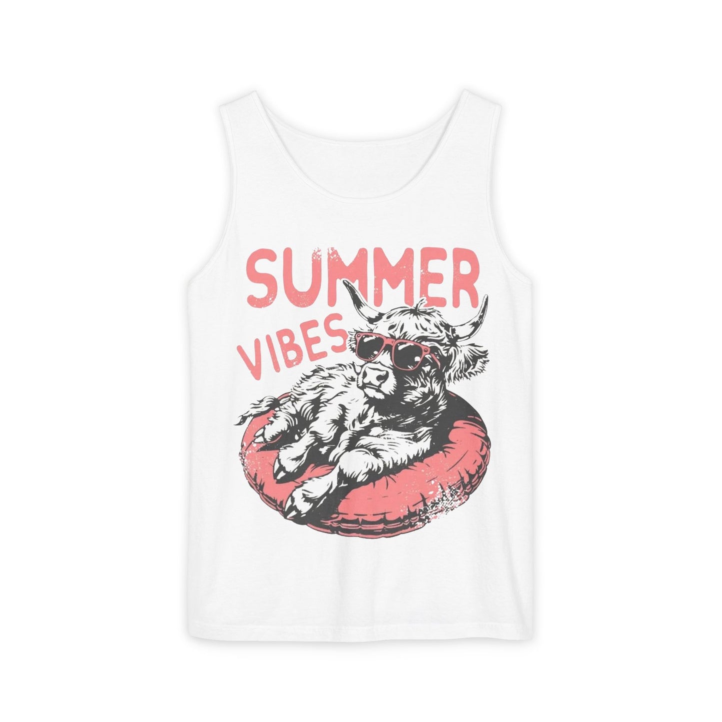 A white tank top with a graphic design featuring a cow wearing sunglasses and the text "SUMMER VIBES" printed on it.