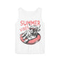 A white tank top with a graphic design featuring a cow wearing sunglasses and the text "SUMMER VIBES" printed on it.