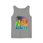 A gray tank top with a graphic design featuring a palm tree silhouette and a colorful sunset background, along with the text "LET'S GET SALTY" printed on it.