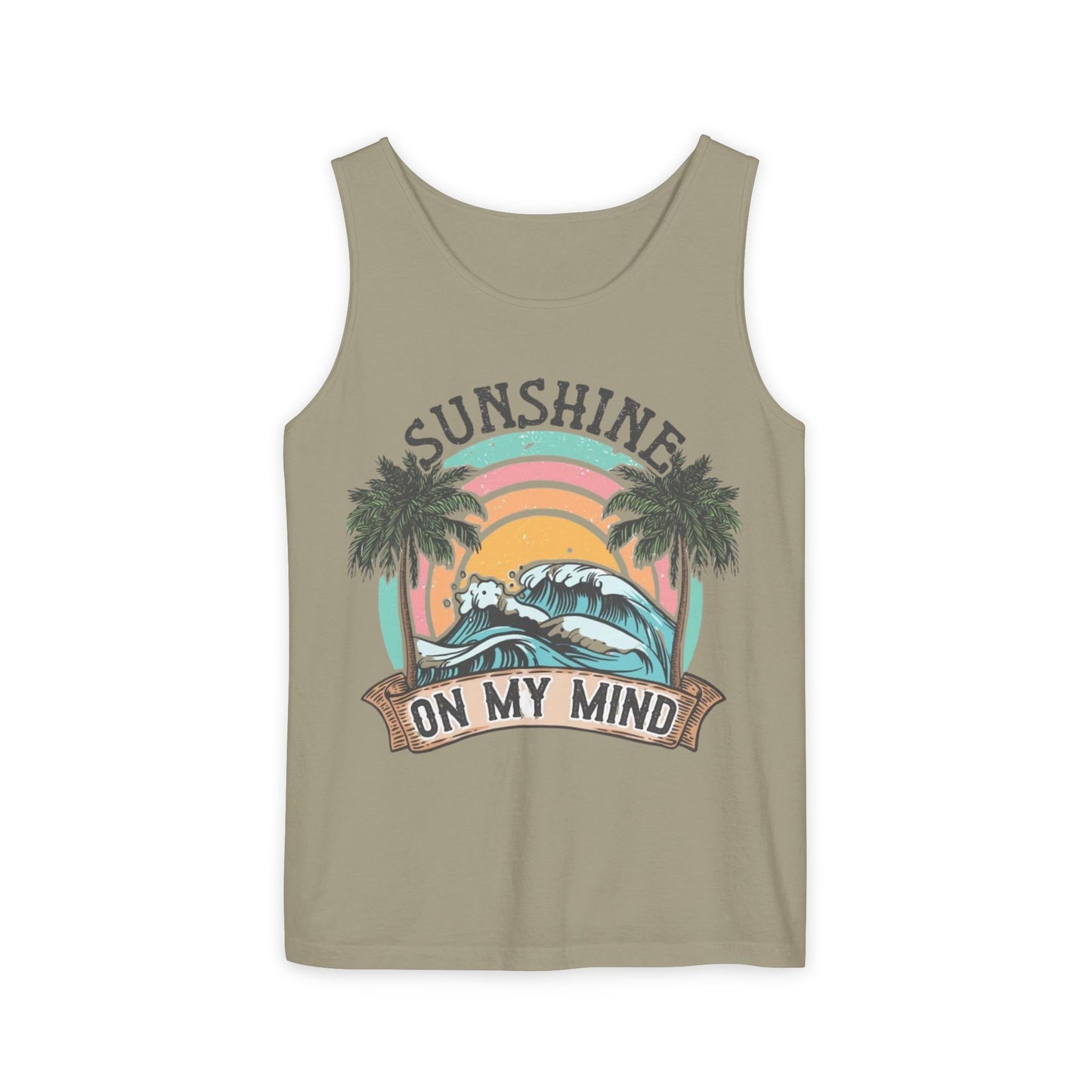 A tank top with a graphic design featuring a sunset, palm trees, and the text "SUNSHINE ON MY MIND".