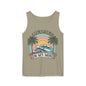 A tank top with a graphic design featuring a sunset, palm trees, and the text "SUNSHINE ON MY MIND".