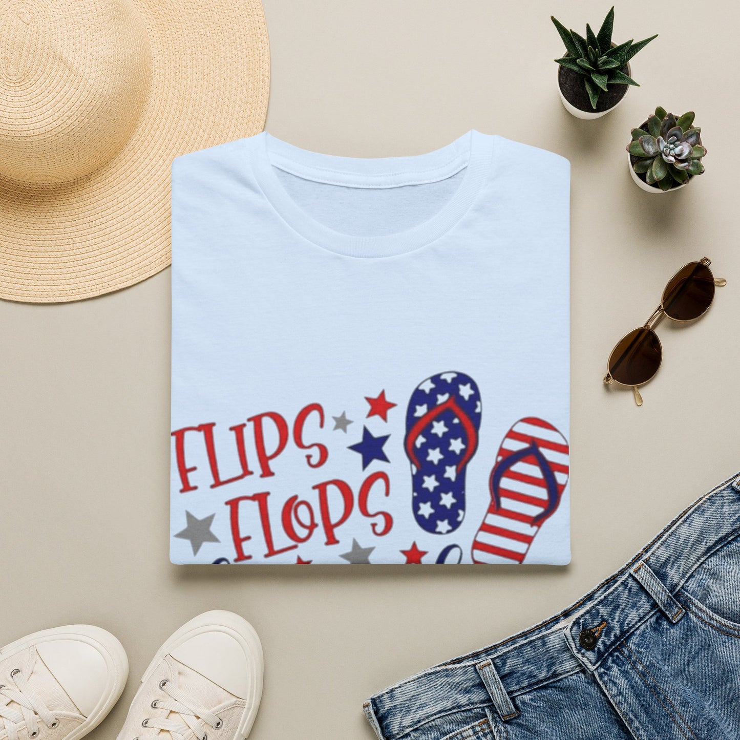 T-Shirt — "Flips Flops Fireworks & Freedom" Patriotic Fourth of July Tee