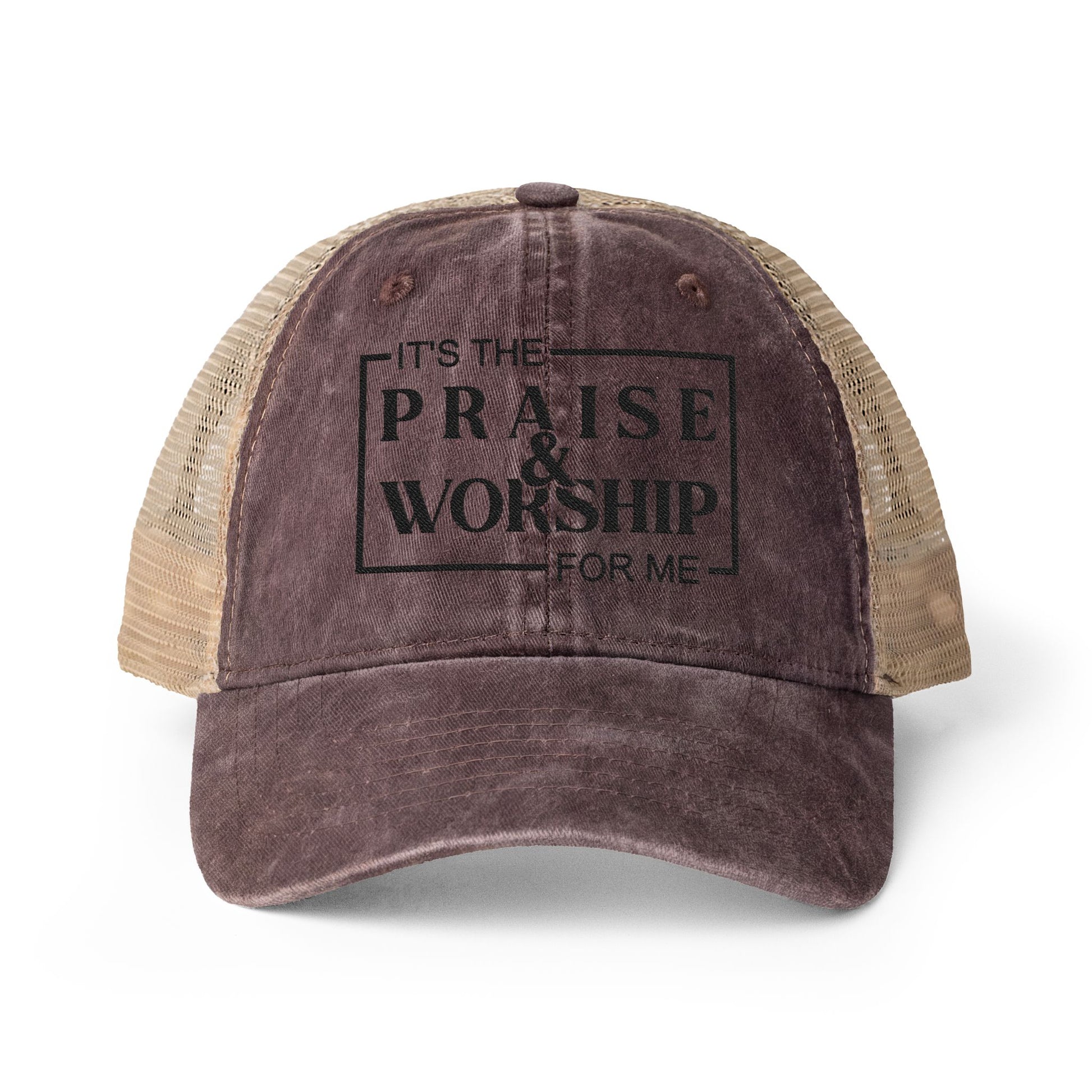 A brown baseball cap with a mesh panel on the side.