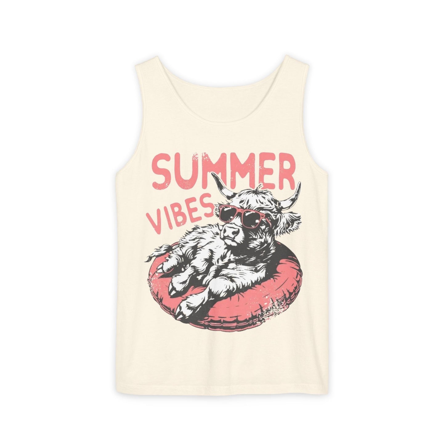 A white tank top with a graphic design featuring a cow wearing sunglasses and the text "SUMMER VIBES" printed on it.