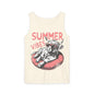 A white tank top with a graphic design featuring a cow wearing sunglasses and the text "SUMMER VIBES" printed on it.