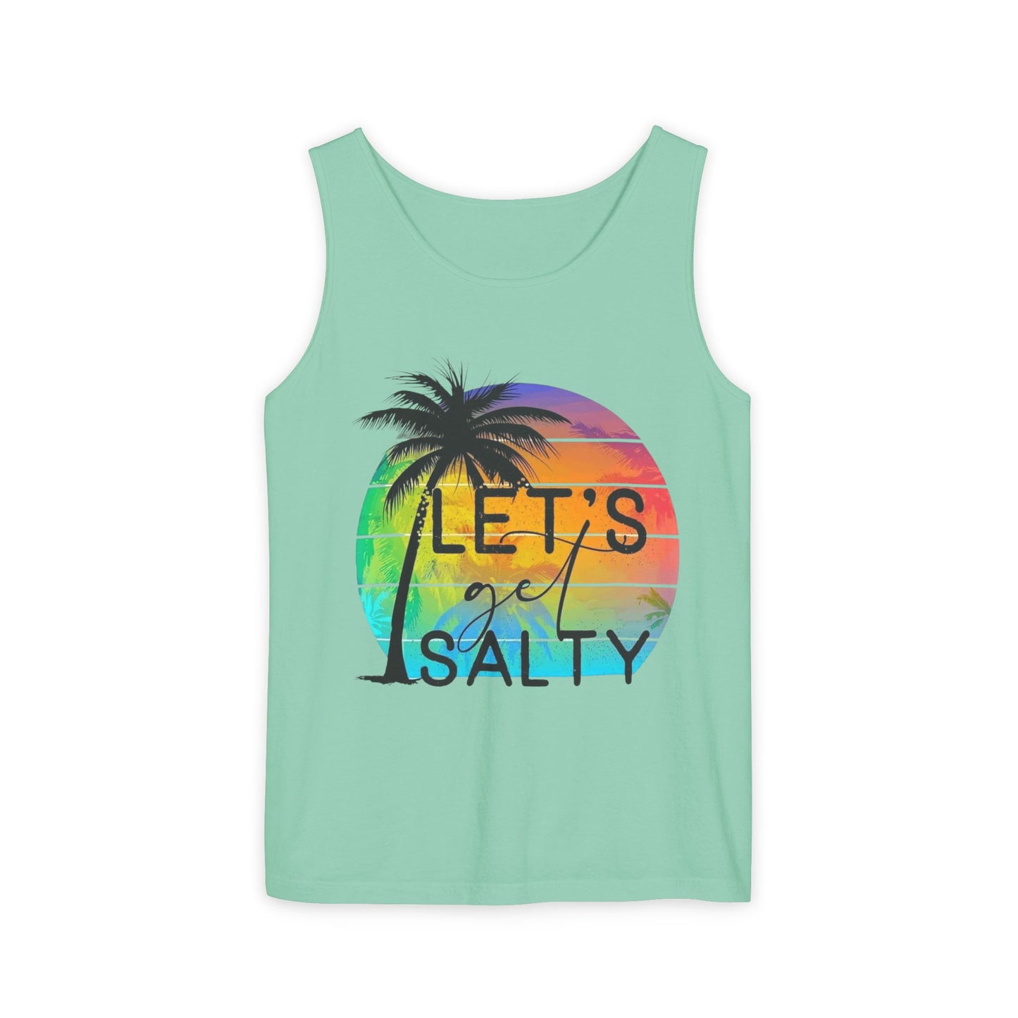 A mint green tank top with a graphic design featuring a palm tree and a colorful sunset.
