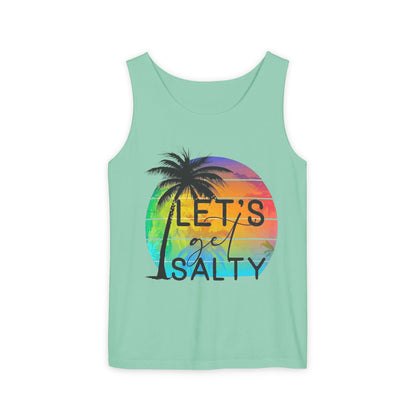 A mint green tank top with a graphic design featuring a palm tree and a colorful sunset.