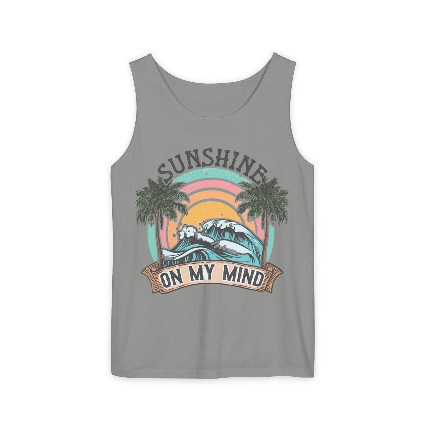 A gray tank top with a graphic design featuring a sunset, palm trees, and the text "SUNSHINE ON MY MIND".