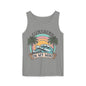 A gray tank top with a graphic design featuring a sunset, palm trees, and the text "SUNSHINE ON MY MIND".