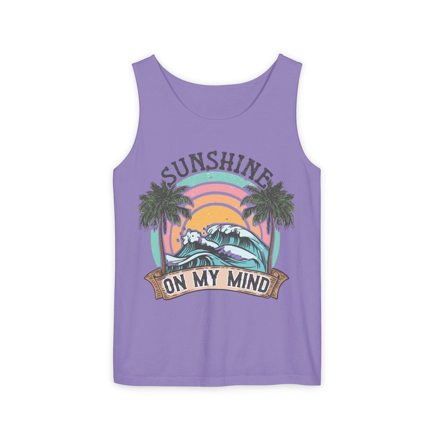 A purple tank top with a graphic design featuring a beach scene, palm trees, and a sunset. The text "SUNSHINE ON MY MIND" is displayed above the design.