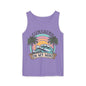 A purple tank top with a graphic design featuring a beach scene, palm trees, and a sunset. The text "SUNSHINE ON MY MIND" is displayed above the design.