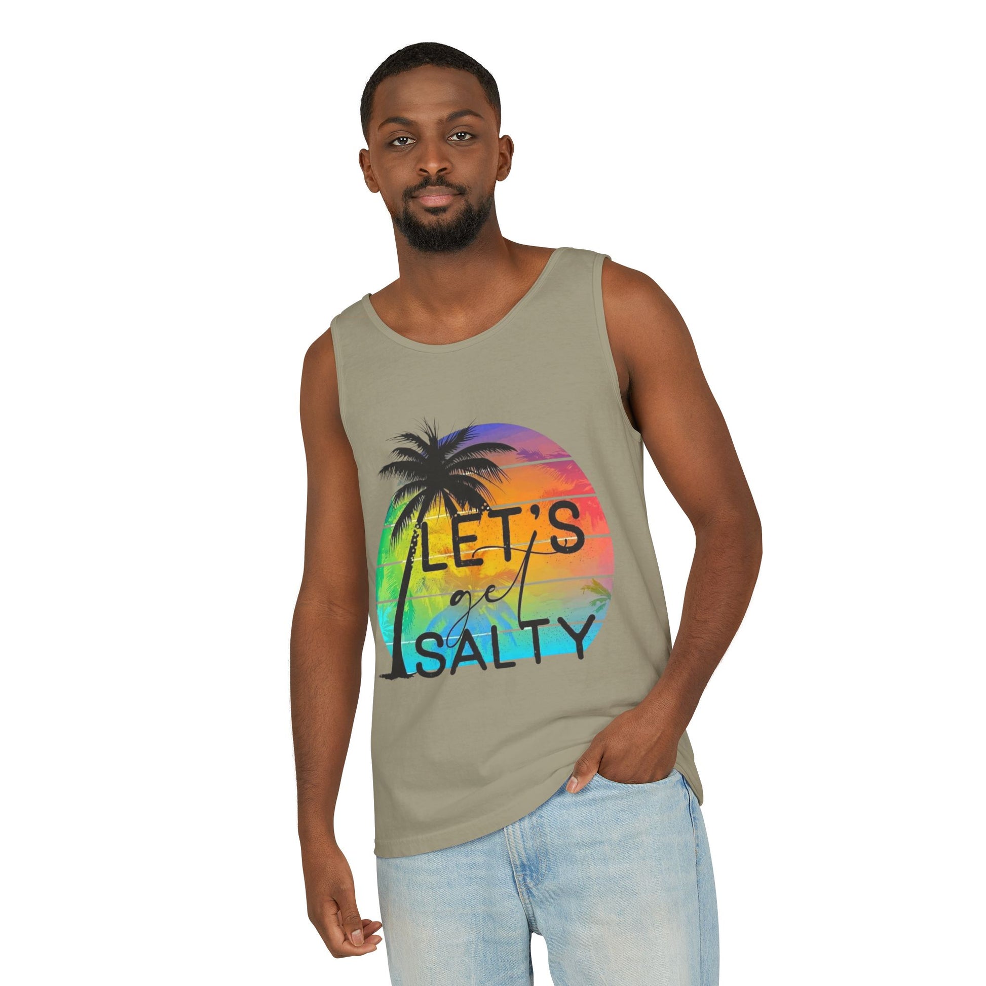 A man wearing a tank top with a graphic design of a palm tree and the text "LET'S GET ISALTY" printed on it.