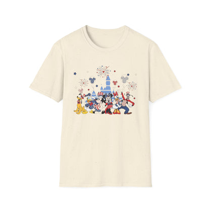 Patriotic Theme Park Characters Castle T-Shirt — Fireworks Celebration Tee