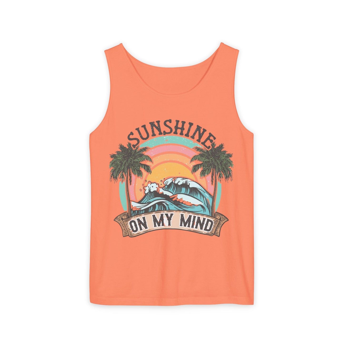 The image is a bright orange tank top with a graphic design featuring a sunset, palm trees, and the text "SUNSHINE ON MY MIND".