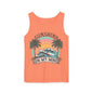The image is a bright orange tank top with a graphic design featuring a sunset, palm trees, and the text "SUNSHINE ON MY MIND".