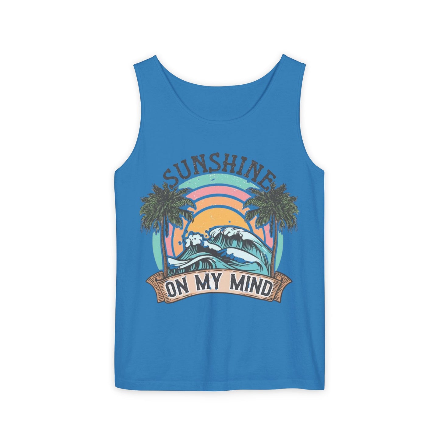 A blue tank top with a graphic design featuring a palm tree, a wave, and the text "SUNSHINE ON MY MIND"