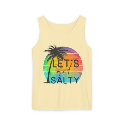 A yellow tank top with a graphic design featuring a palm tree and a rainbow-colored sun.