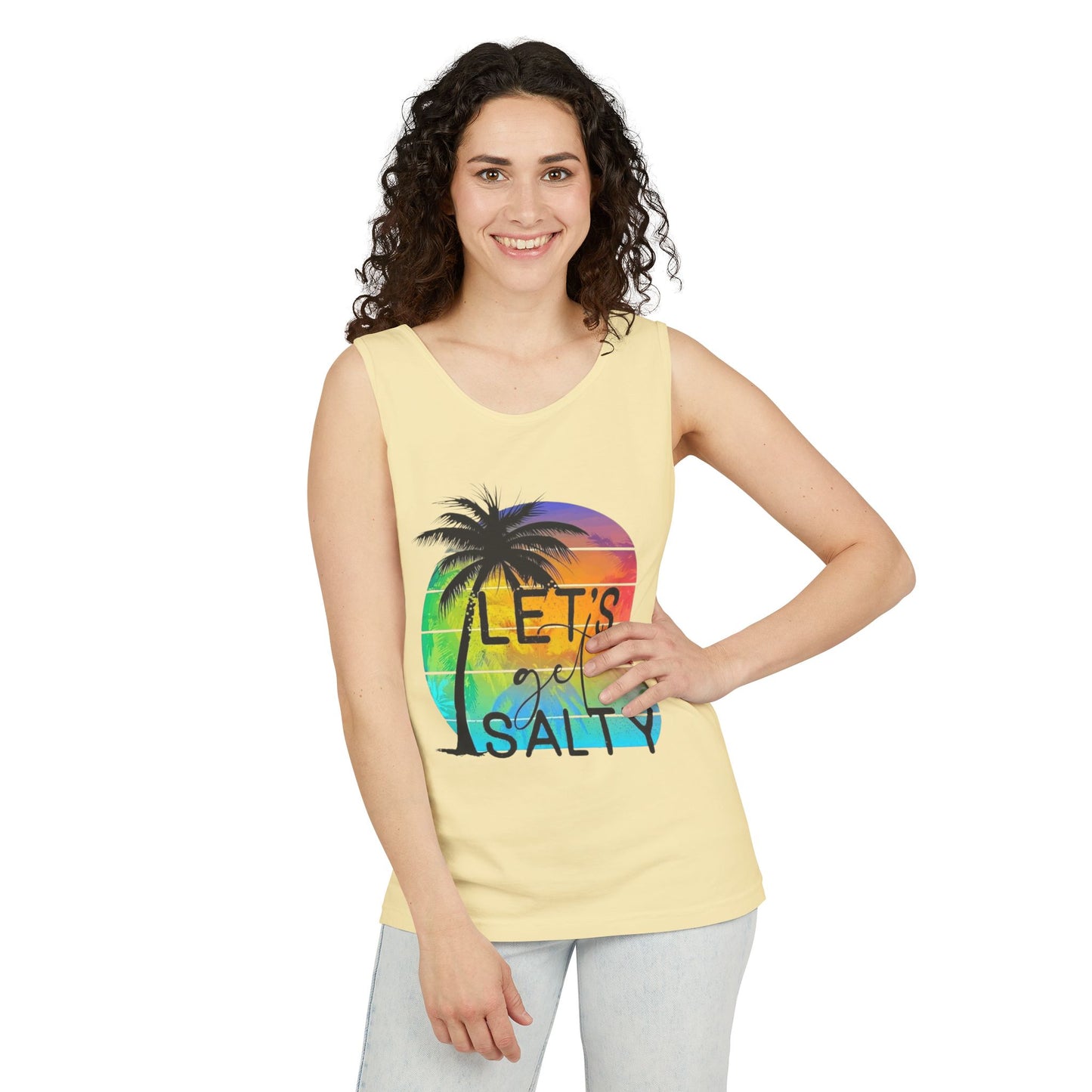 A smiling woman wearing a yellow tank top with a graphic design of a palm tree and the text "LET'S GET SALT" printed on it.