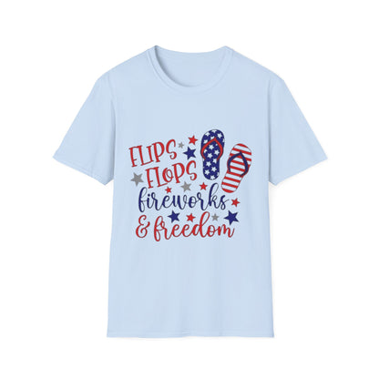 T-Shirt — "Flips Flops Fireworks & Freedom" Patriotic Fourth of July Tee