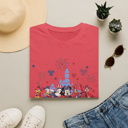 Patriotic Theme Park Characters Castle T-Shirt — Fireworks Celebration Tee