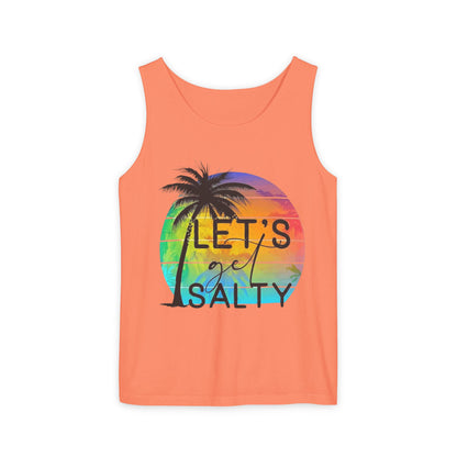 An orange tank top with a graphic design featuring a palm tree and a colorful sunset.