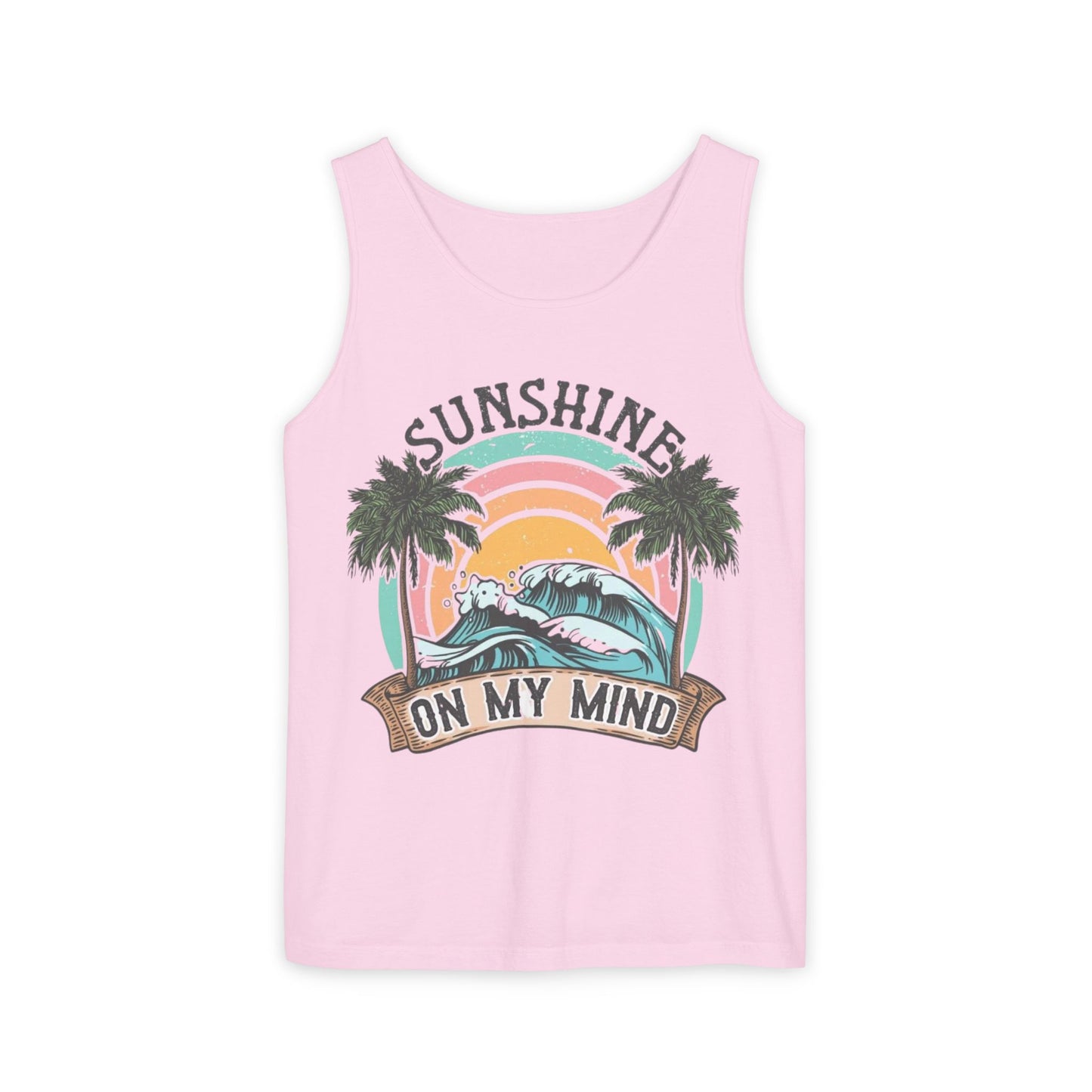 A pink tank top with a graphic design featuring a sunset, palm trees, and the text "SUNSHINE ON MY MIND".