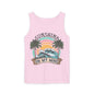 A pink tank top with a graphic design featuring a sunset, palm trees, and the text "SUNSHINE ON MY MIND".