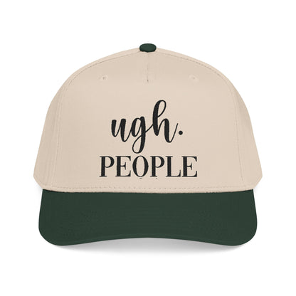 A beige baseball cap with a green brim, featuring the text "ugh. PEOPLE" printed on it.
