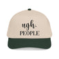 A beige baseball cap with a green brim, featuring the text "ugh. PEOPLE" printed on it.