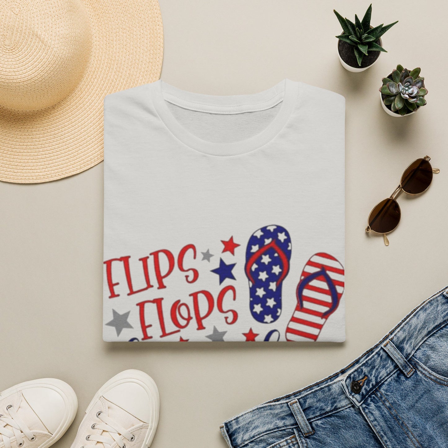 T-Shirt — "Flips Flops Fireworks & Freedom" Patriotic Fourth of July Tee