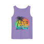 A purple tank top with a graphic design featuring a palm tree and a sunset with a rainbow gradient.