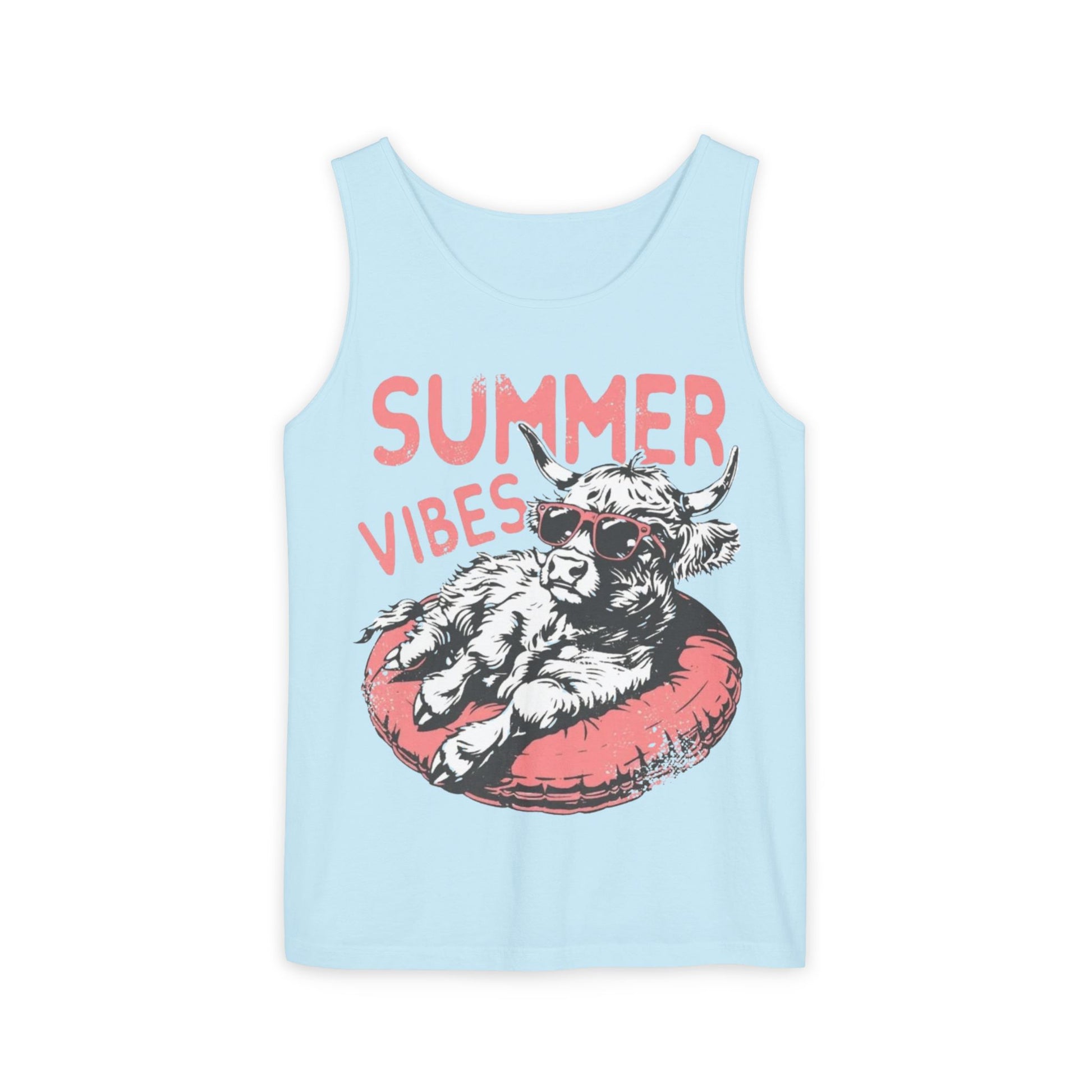 A light blue tank top with a graphic design featuring a cow wearing sunglasses and resting on a red inner tube.