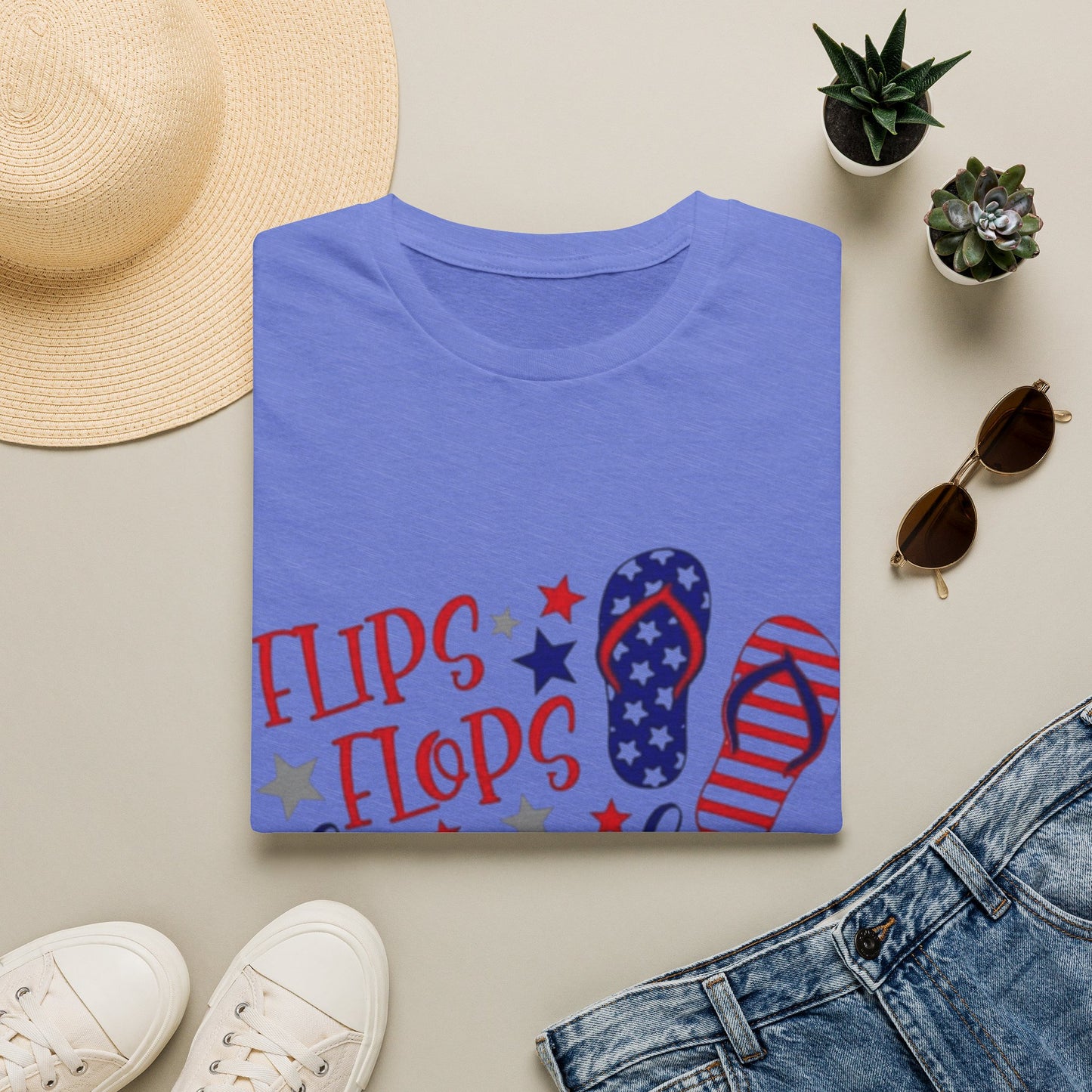 T-Shirt — "Flips Flops Fireworks & Freedom" Patriotic Fourth of July Tee