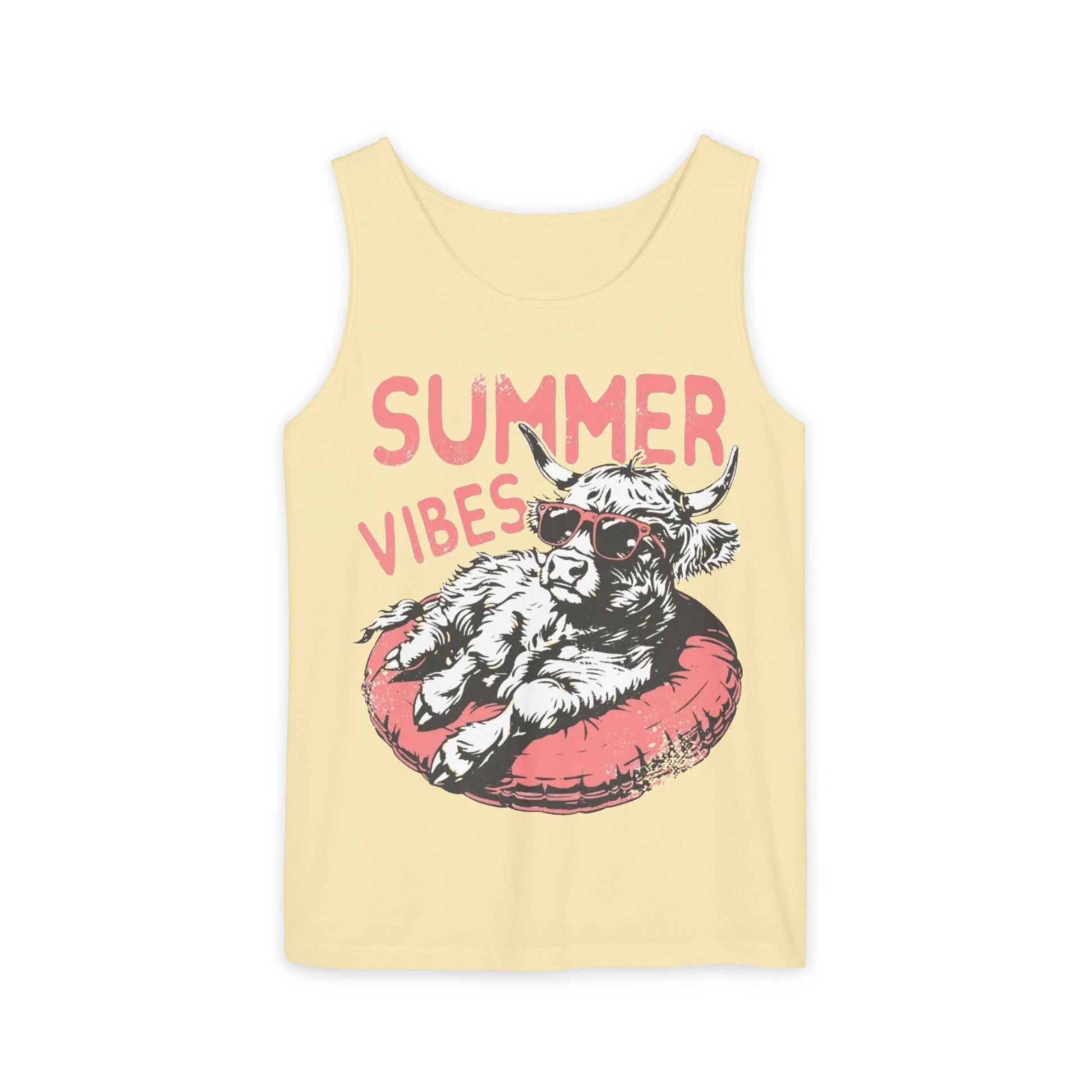 A yellow tank top with a graphic design featuring a cow wearing sunglasses and the text "SUMMER VIBES" printed on it.