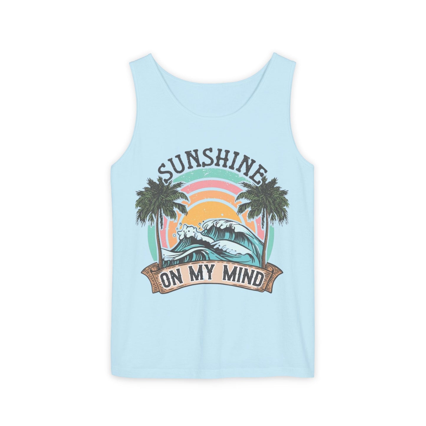 A light blue tank top with a graphic design featuring a palm tree, a wave, and the text "SUNSHINE ON MY MIND"