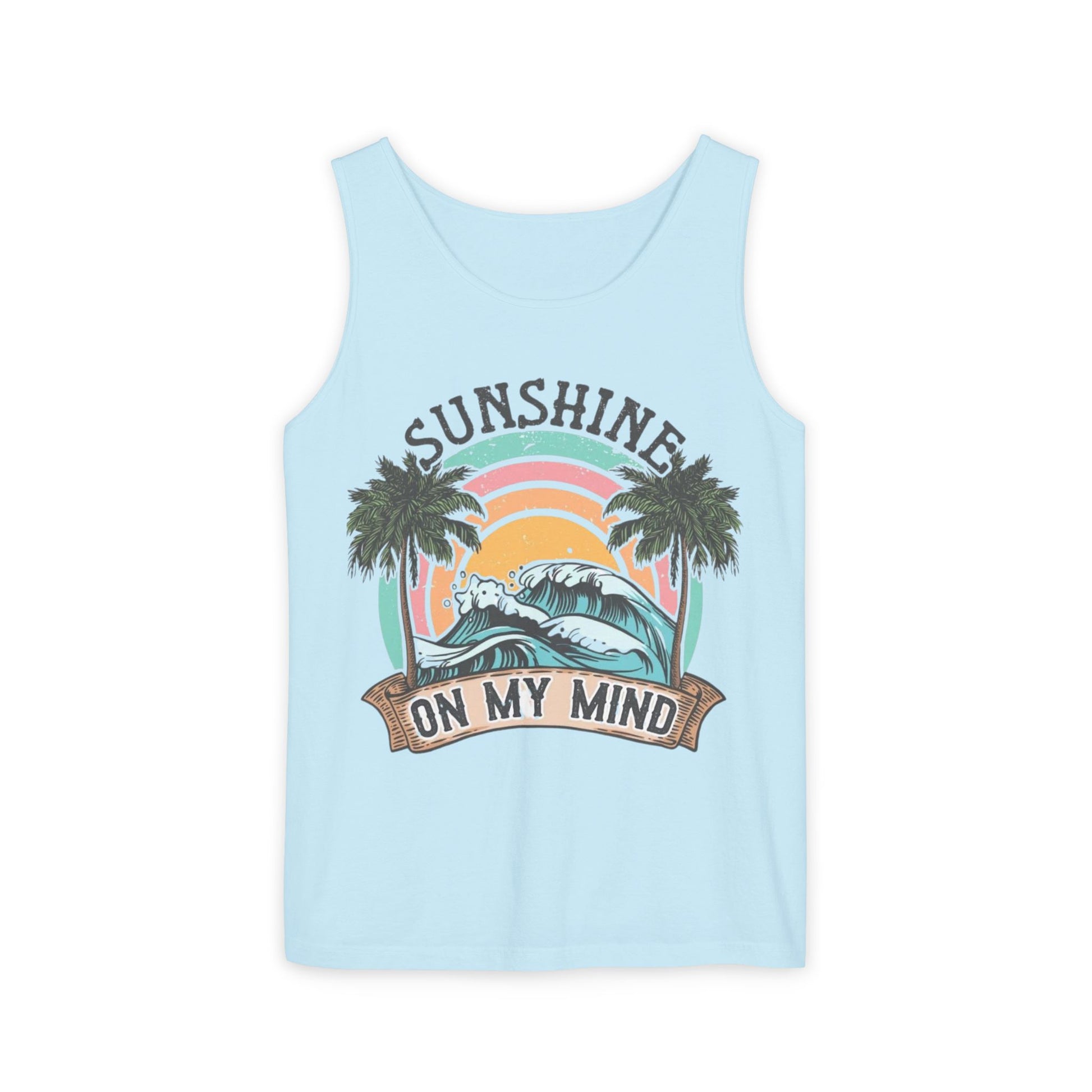 A light blue tank top with a graphic design featuring a palm tree, a wave, and the text "SUNSHINE ON MY MIND"