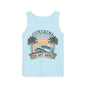 A light blue tank top with a graphic design featuring a palm tree, a wave, and the text "SUNSHINE ON MY MIND"