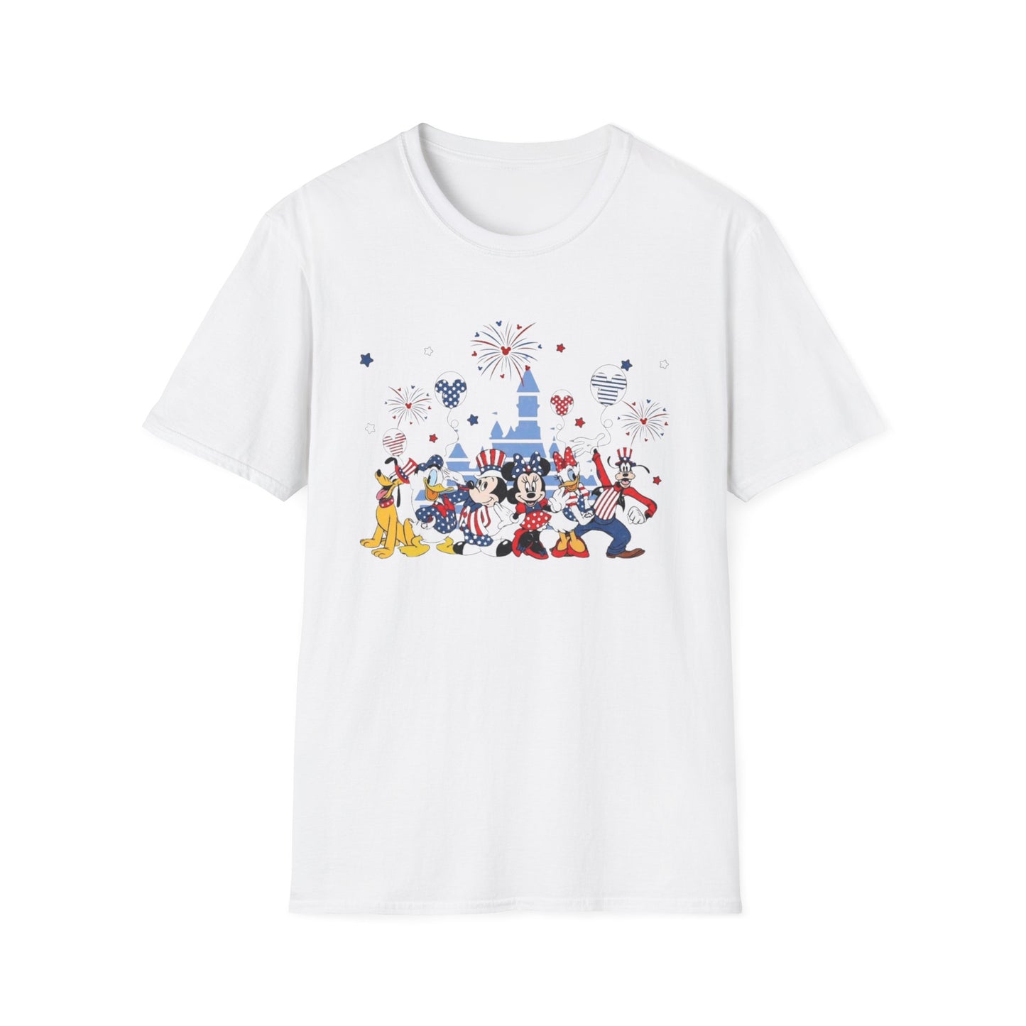 Patriotic Theme Park Characters Castle T-Shirt — Fireworks Celebration Tee