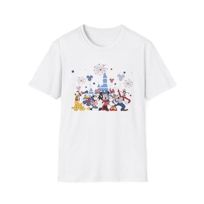 Patriotic Theme Park Characters Castle T-Shirt — Fireworks Celebration Tee