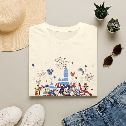 Patriotic Theme Park Characters Castle T-Shirt — Fireworks Celebration Tee