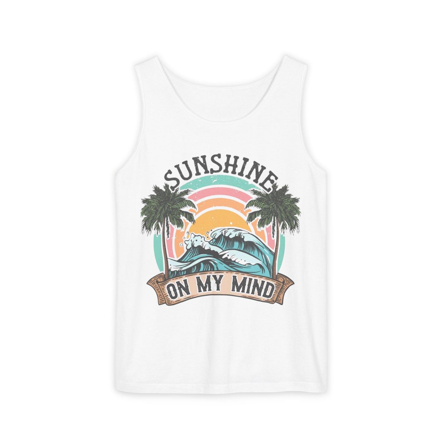 A white tank top with a graphic design featuring a sunset, palm trees, and the text "SUNSHINE ON MY MIND".