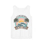A white tank top with a graphic design featuring a sunset, palm trees, and the text "SUNSHINE ON MY MIND".