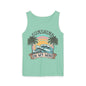 A green tank top with a graphic design featuring a beach scene with palm trees, a sunset, and the text "SUNSHINE ON MY MIND"