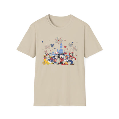 Patriotic Theme Park Characters Castle T-Shirt — Fireworks Celebration Tee