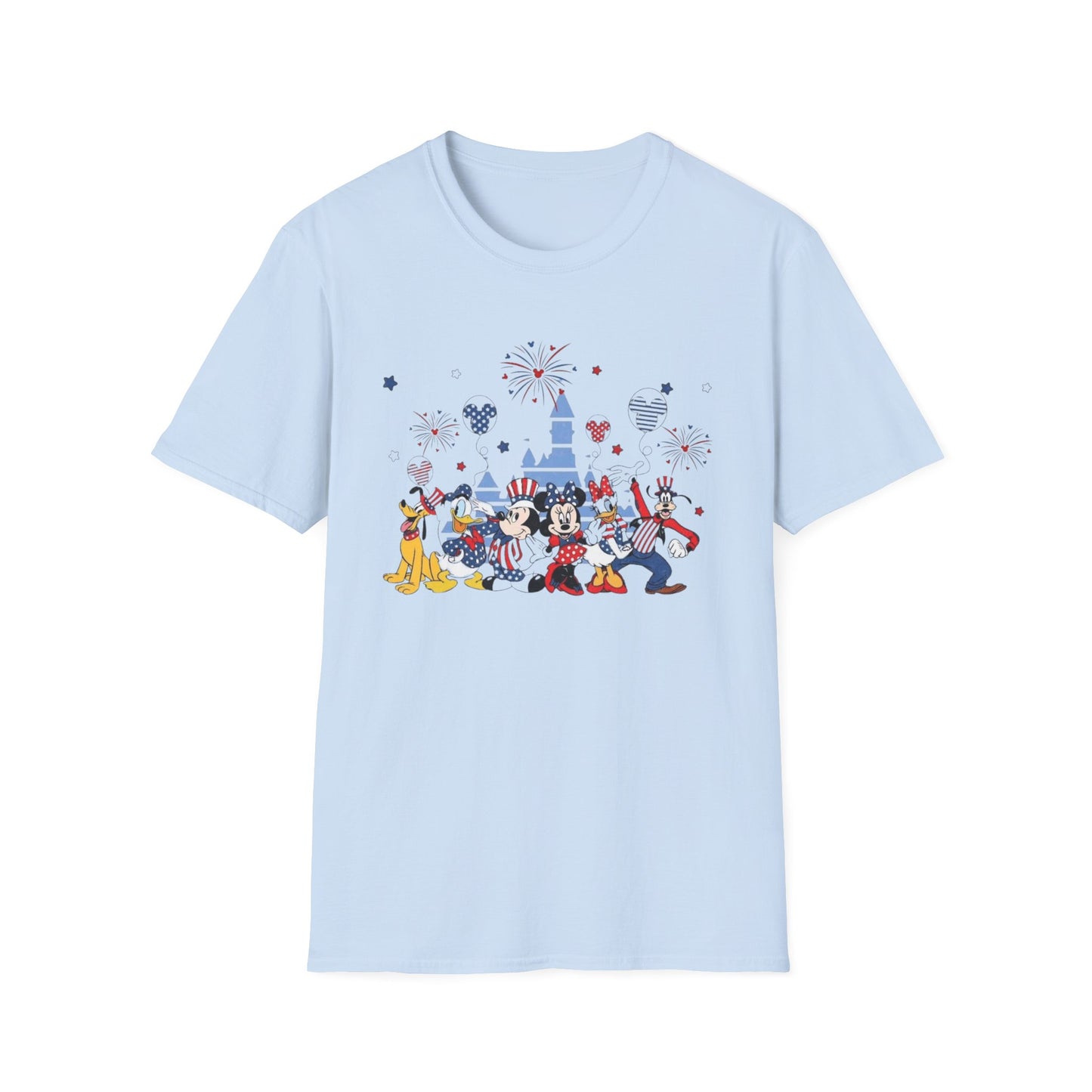 Patriotic Theme Park Characters Castle T-Shirt — Fireworks Celebration Tee