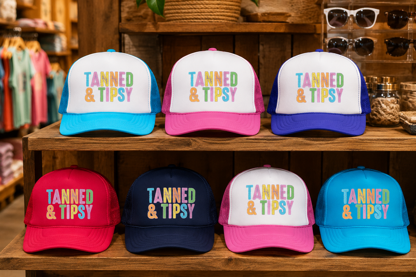 Tanned & Tipsy Trucker Hat — Colorful Summer Foam Cap