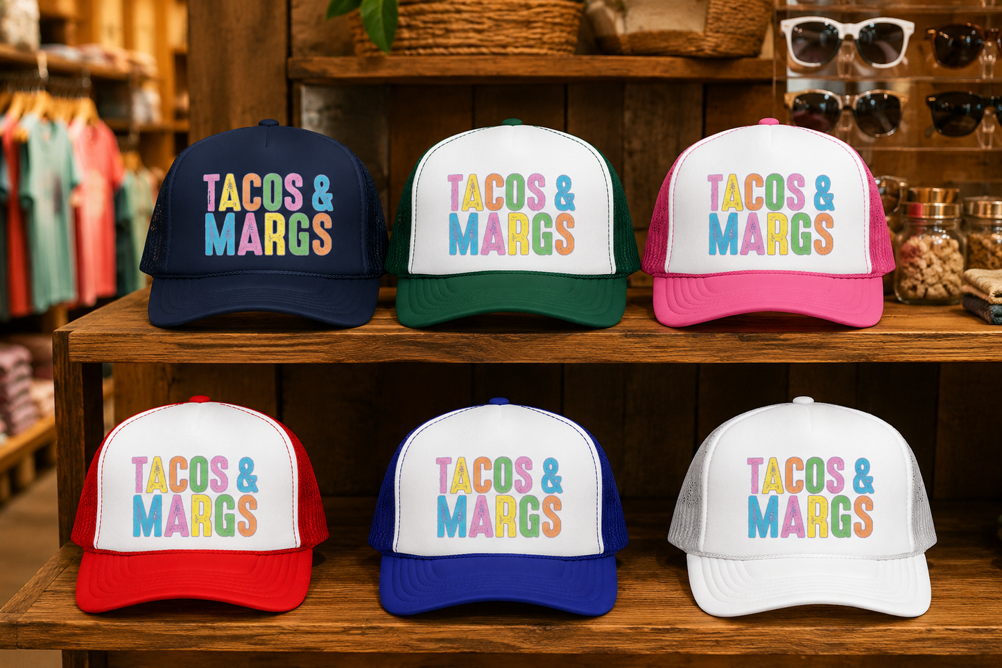 Trucker Hat — "Tacos & Margs" Colorful Retro Foam Mesh Cap