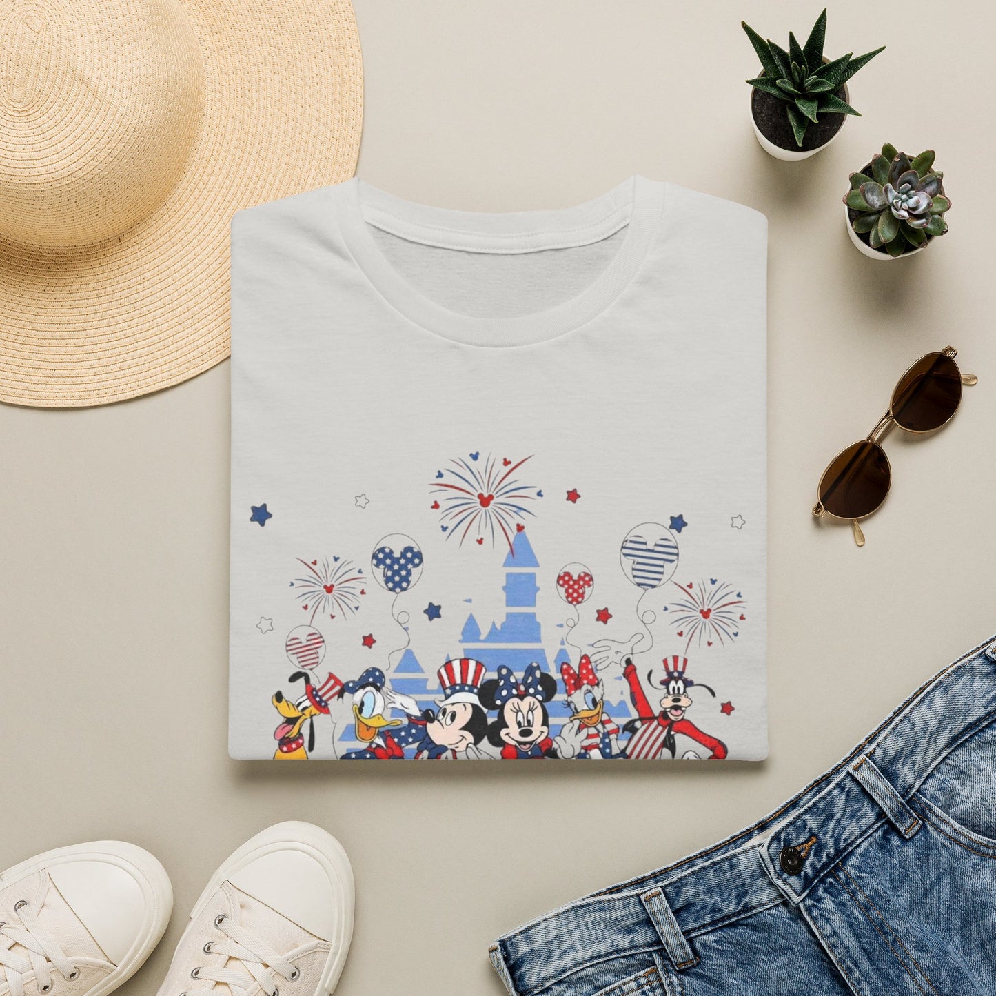 Patriotic Theme Park Characters Castle T-Shirt — Fireworks Celebration Tee